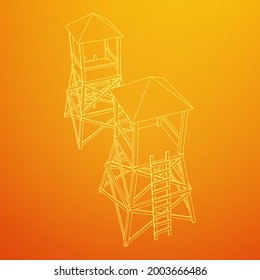 Torre de vigilancia o torre de observación para cazadores. Ilustración vectorial de malla baja de malla de malla de alambre.