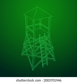 Torre de vigilancia o torre de observación para cazadores. Ilustración vectorial de malla baja de malla de malla de alambre.