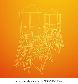 Torre de vigilancia o torre de observación para cazadores. Ilustración vectorial de malla baja de malla de malla de alambre.