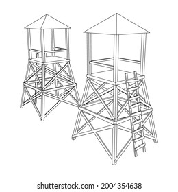 Torre de vigilancia o torre de observación para cazadores. Ilustración vectorial de malla baja de malla de malla de alambre.