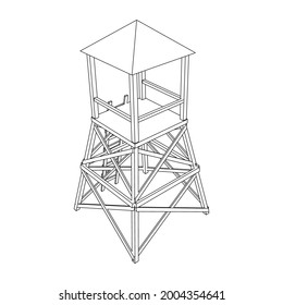 Torre de vigilancia o torre de observación para cazadores. Ilustración vectorial de malla baja de malla de malla de alambre.