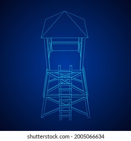 Torre de vigilancia o torre de observación para cazadores. Ilustración vectorial de malla baja de malla de malla de alambre.