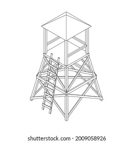 Torre de vigilancia o torre de observación para cazadores. Ilustración vectorial de malla baja de malla de malla de alambre.