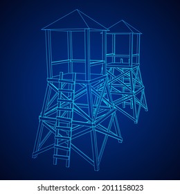 Torre de vigilancia o torre de observación para cazadores. Ilustración vectorial de malla baja de malla de malla de alambre.