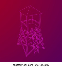Torre de vigilancia o torre de observación para cazadores. Ilustración vectorial de malla baja de malla de malla de alambre.