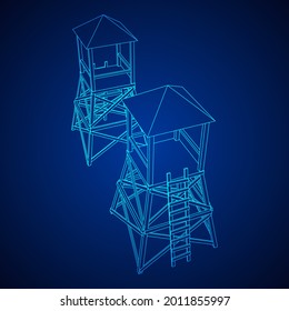 Watchtower or observation tower for hunters. Wireframe low poly mesh vector illustration.