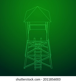 Torre de vigilancia o torre de observación para cazadores. Ilustración vectorial de malla baja de malla de malla de alambre.