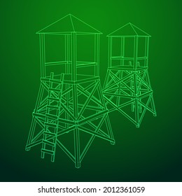 Torre de vigilancia o torre de observación para cazadores. Ilustración vectorial de malla baja de malla de malla de alambre.