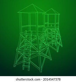 Watchtower or observation tower for hunters. Wireframe low poly mesh vector illustration.