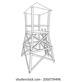 Torre de vigilancia o torre de observación para cazadores. Ilustración vectorial de malla baja de malla de malla de alambre.