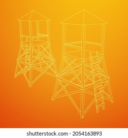 Torre de vigilancia o torre de observación para cazadores. Ilustración vectorial de malla baja de malla de malla de alambre.