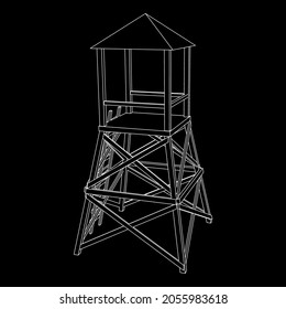 Torre de vigilancia o torre de observación para cazadores. Ilustración vectorial de malla baja de malla de malla de alambre.