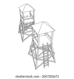 Torre de vigilancia o torre de observación para cazadores. Ilustración vectorial de malla baja de malla de malla de alambre.