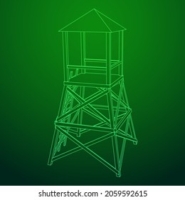 Torre de vigilancia o torre de observación para cazadores. Ilustración vectorial de malla baja de malla de malla de alambre.