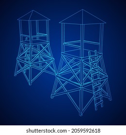 Watchtower or observation tower for hunters. Wireframe low poly mesh vector illustration.