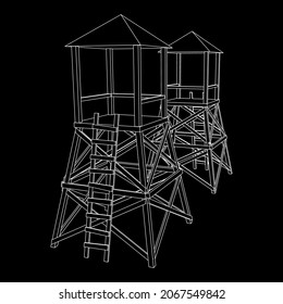 Torre de vigilancia o torre de observación para cazadores. Ilustración vectorial de malla baja de malla de malla de alambre.