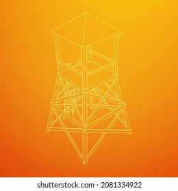 Torre de vigilancia o torre de observación para cazadores. Ilustración vectorial de malla baja de malla de malla de alambre.