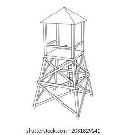 Torre de vigilancia o torre de observación para cazadores. Ilustración vectorial de malla baja de malla de malla de alambre.