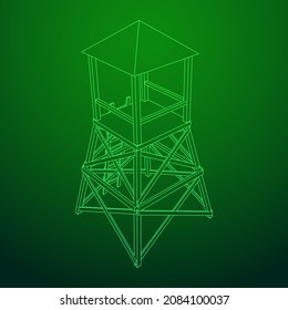 Torre de vigilancia o torre de observación para cazadores. Ilustración vectorial de malla baja de malla de malla de alambre.