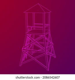 Torre de vigilancia o torre de observación para cazadores. Ilustración vectorial de malla baja de malla de malla de alambre.