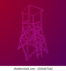 Torre de vigilancia o torre de observación para cazadores. Ilustración vectorial de malla baja de malla de malla de alambre.
