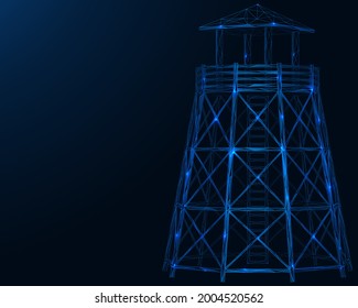 Watchtower. A tower observation post. Polygonal construction of lines and points. Blue background.