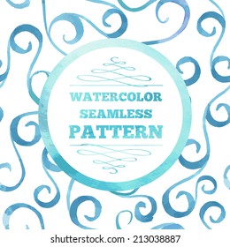 Watecrolor text template over seamless blue pattern. Vector illustration.
