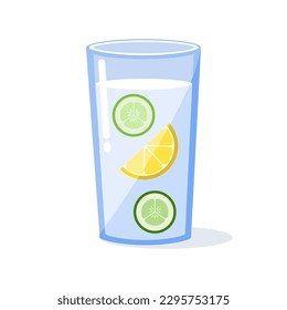 Agua con 1 rebanada de limón y 2 rebanadas de pepino en un vidrio transparente, vector, desintoxicación y fitness, elemento aislado, agua sana