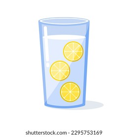 Water with 3 pieces of lemon in a transparent glass, vector, detox and fitness, isolated element, healthy water