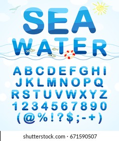 Water ABC. Fuente de alfabeto hecha en un estilo marino. Conjunto de letras y símbolos de agua