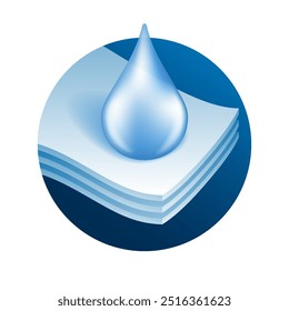 Water Absorbing effect 3D icon for toilet paper or towels. Isolated vector pictogram with water drop and three paper layers