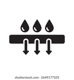 Water absorption icon with drops filtering through a layer representing absorbent material waterproof technology and moisture control vector solid glyph icon