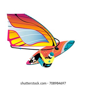 Water active recreation. Windsurfing vector character with surfboard and riding on ocean isolated. Recreational beach water sport flat design character on surfing. Man on surfing vacation.
