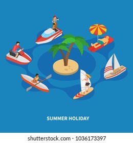 Water activities during summer holiday including surfing, trip on boats, isometric composition on blue background vector illustration