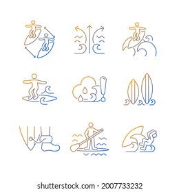 Water activities gradient linear vector icons set. Surfing maneuvers. Keeping distance. Rip currents. Floater. Thin line contour symbols bundle. Isolated vector outline illustrations collection