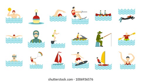 Water activities icon set. Flat set of water activities vector icons for web design isolated on white background
