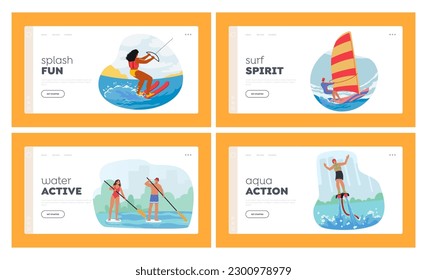 Water Activities Landing Page Template Set. Characters Swimming, Boating, Paddleboarding, Kite or Wind Surfing, Water Skiing, Jet Skiing, Tubing and Fly Board. Cartoon People Vector Illustration