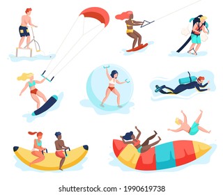 Water activities. People doing beach sports. Men and women having fun on marine attractions. Persons windsurfing and diving. Tourists riding banana or jumping on trampoline, vector set