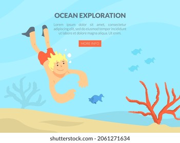 Water Activity with Man Character in Trunks and Flippers Swimming Underwater Vector Template