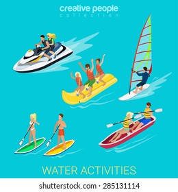 Water activity sport fun lifestyle flat 3d web isometric infographic vector. Young joyful micro people wind surfing water scooter kayaking boating banana riding. Creative sportsmen people collection.