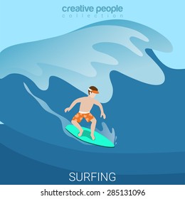 Water activity surfing sport fun lifestyle flat 3d web isometric infographic vector. Creative sportsmen people collection.