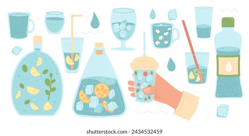 Water with addition in different containers set isolated on white background. Fresh clean beverages with fruit and ice sparkling and still. Drink more water. Stay hydrated. Vector flat illustration.