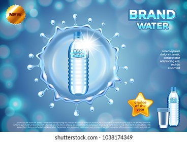 Water ads. Plastic bottle in round splash. 3d illustration and design