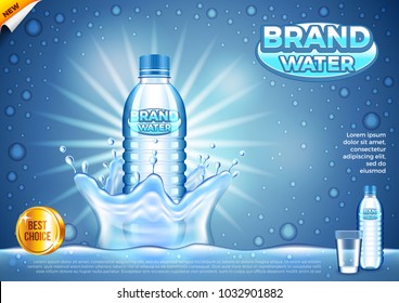 Water ads. Plastic bottle in splashes. 3d illustration and design