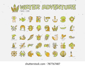 Water adventure vector hand draw icon set. Diving, rafting, kayaking and surfing icons in cartooning doodle style. Travelling adventure summer icon with sealife elements and animals
