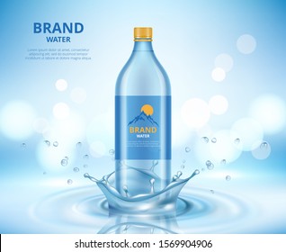 Water advertizing. Clean transparent bottle standing in liquid splashes and drops of water vector realistic placard