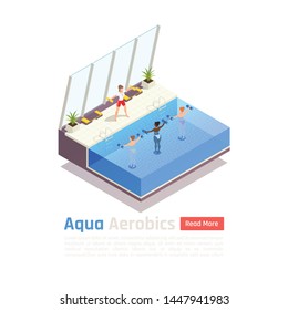 Water aerobic calories burning training isometric composition with aqua dumbbells exercise in modern swimming pool vector illustration  