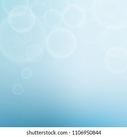 Water and air bubbles on blue background. De-focused circles bokeh lights or particles. Blue background template for design. Vector illustration