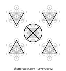 Water, air, earth, fire and ether nature elements symbols with black outline hexagon silhouette isolated on white wallpaper