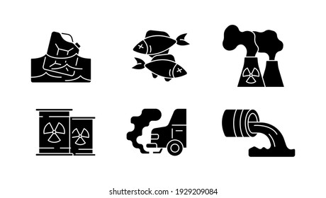 Water and air pollution concept glyph icons set. Environmental diseases factor, industrial contamination idea thin line illustration. Urban chemical polution. Vector isolated outline drawing